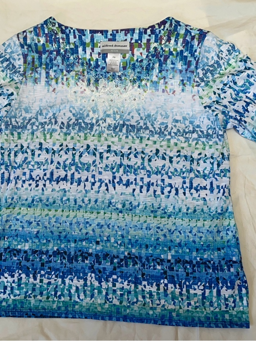 Alfred Dunner Blue Aqua Green Mosaic Lace-Trim Petite Top